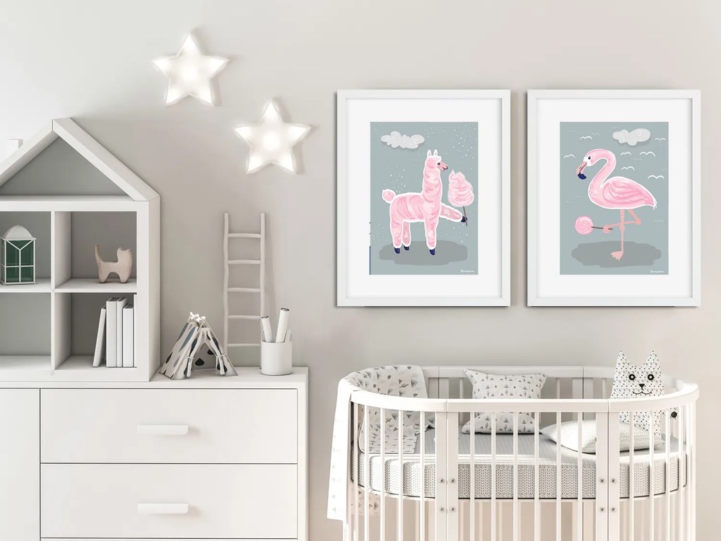 Séria plagátov pre deti - Ružové zvieratká so šedým pozadím - 2 x A3