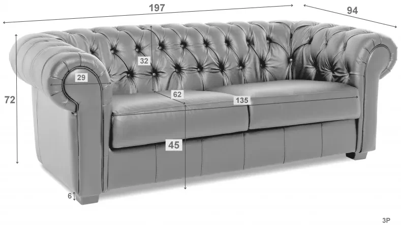 Kožená pohovka CHESTERFIELD - 3P, sivá (Rimini)