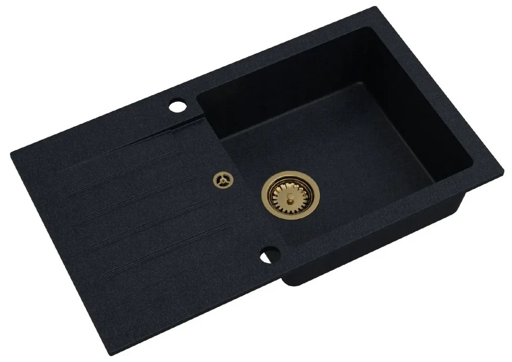 Sink Quality Natalie, kuchynský granitový drez 770x450x170 mm + zlatý sifón, čierna škvrnitá-BROCADE, SKQ-NAT.B.1KDO.XG