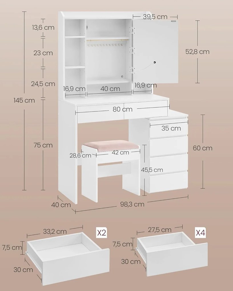 Toaletní stolek s LED osvětlením a taburetem Vasagle Ginny 98 cm bílý