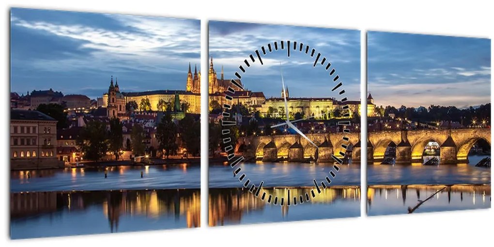 Obraz Pražského hradu a Karlovho mosta (s hodinami) (90x30 cm)