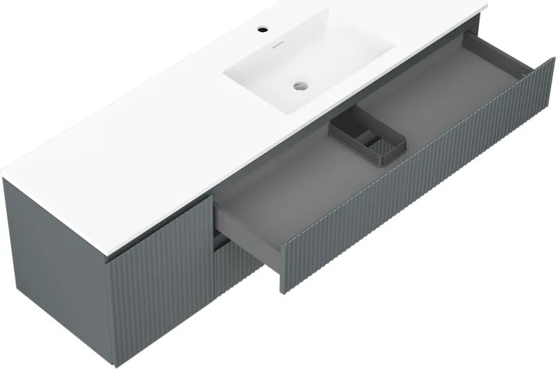 Mexen Rivel, kúpeľňová skrinka 160 cm s pravým umývadlom Otis, 2S, 1D, drážkovaná, grafitová/biela matná, 91A23-16047-3-BBFFF66-W18P01