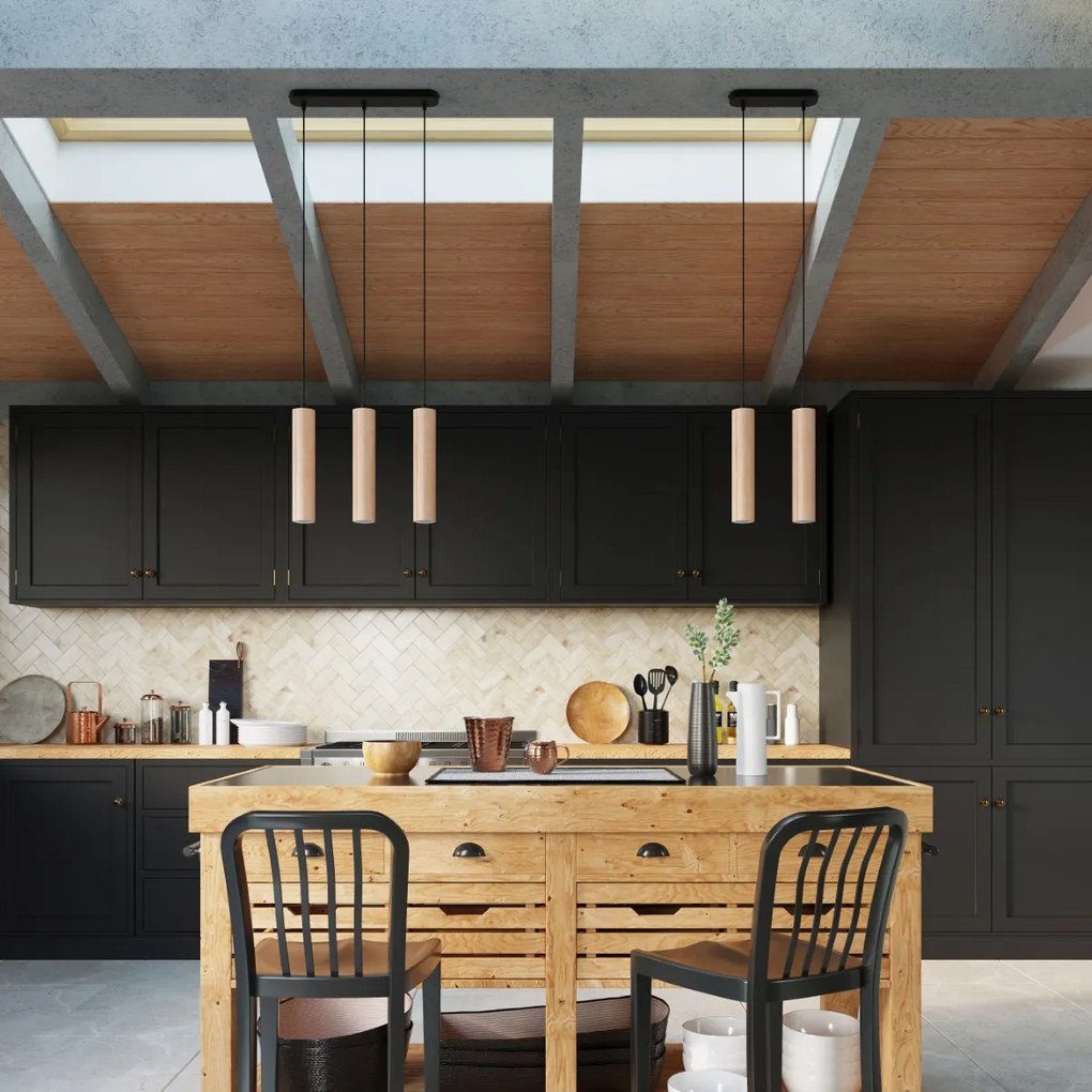 Závesné svietidlo Lino 3p, 3x drevené tienidlo