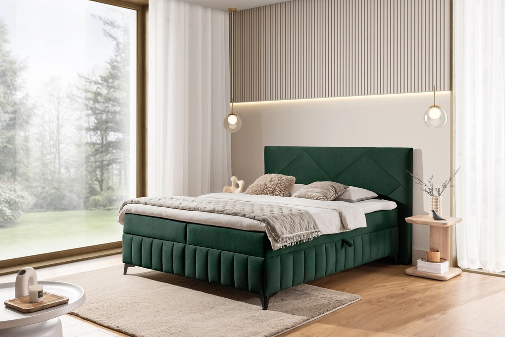 Posteľ Boxspring Wasil 160x200 s úložným priestorom - zelený hydrofóbny zamat Element 12