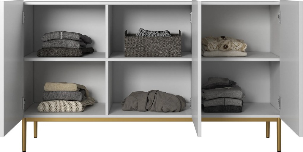 Biela komoda Nicole 150 cm s trojdverovým ryhovaným čelom - matná biela / zlaté nožičky