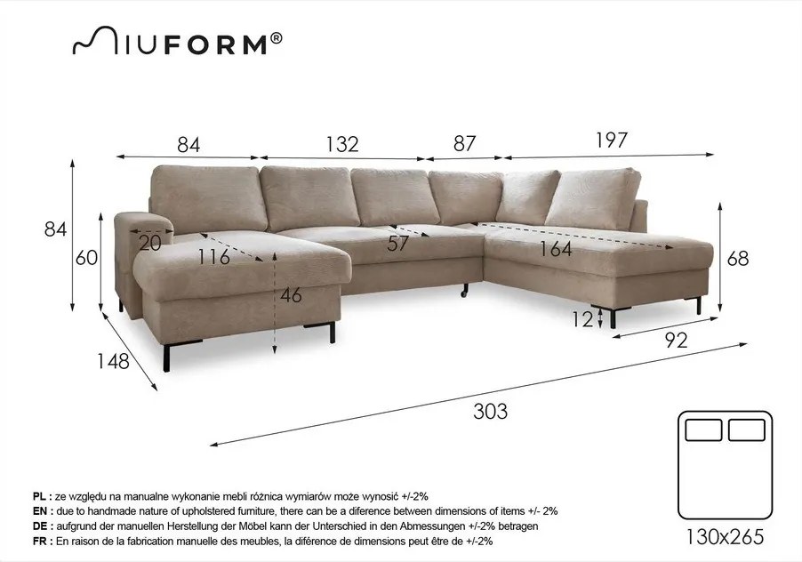 Námorníckymodrá zamatová rozkladacia pohovka do "U" Miuform Lofty Lilly, pravý roh