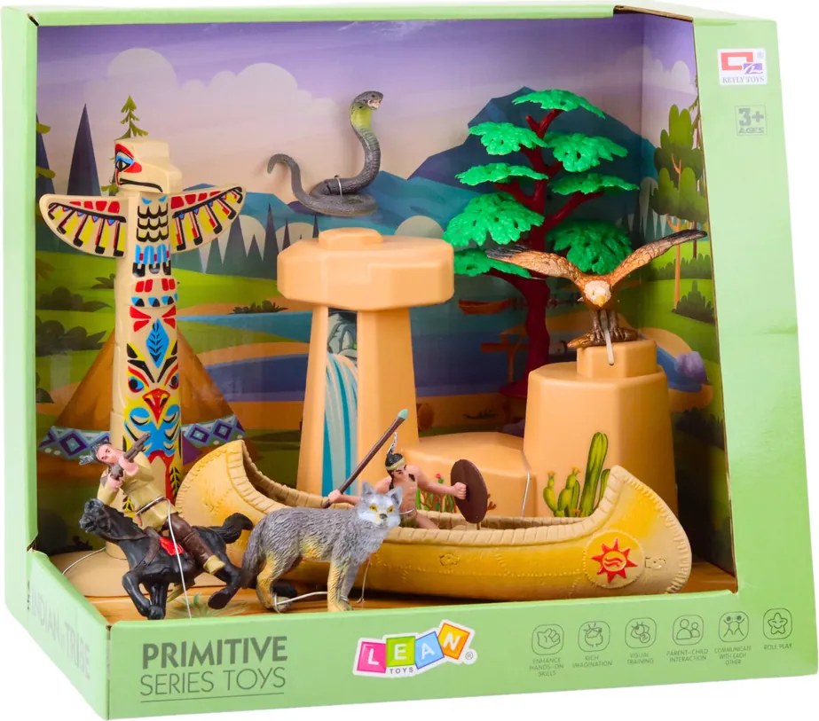 LEAN Toys Sada figúrok z indiánskej dediny Indiánsky kanoe Totem