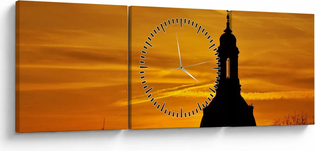 Obraz kostola pri západe slnka (s hodinami) (90x30 cm)