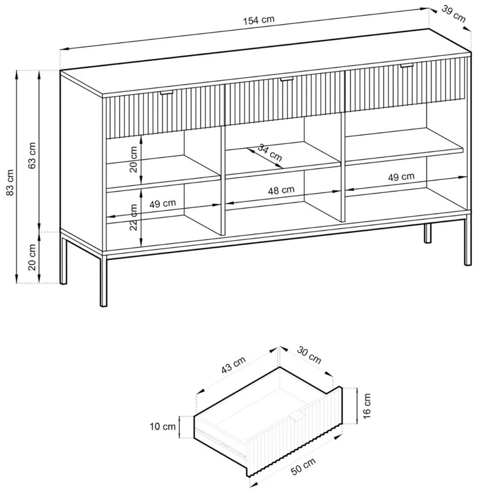 KOMODA VIGGO ŠEDÁ + ČIERNY PODSTAVEC 154 cm