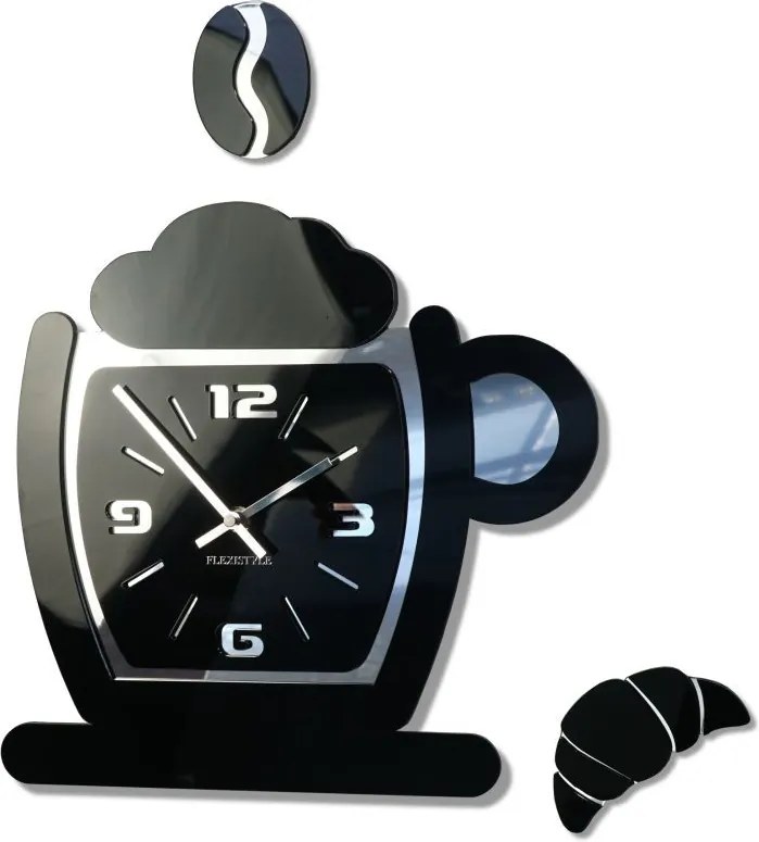 Moderné nástenné hodiny do kuchyne v čiernej farbe s motívom šálky