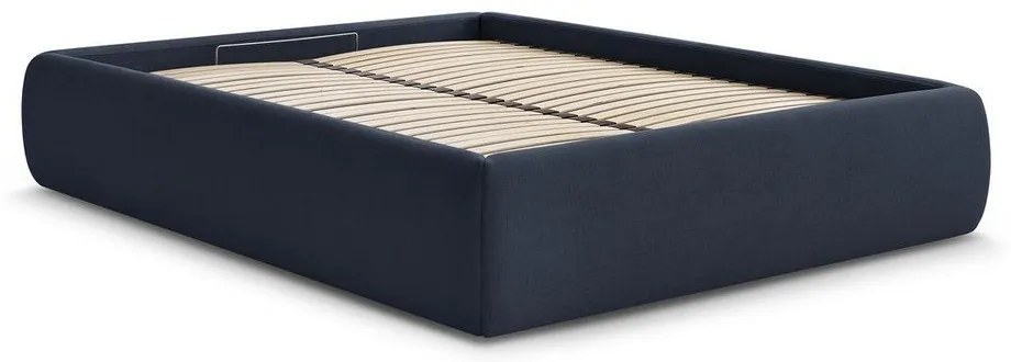Tmavomodrá čalúnená dvojlôžková posteľ s úložným priestorom/bez čela s roštom 160x200 cm Inera – Bobochic Paris