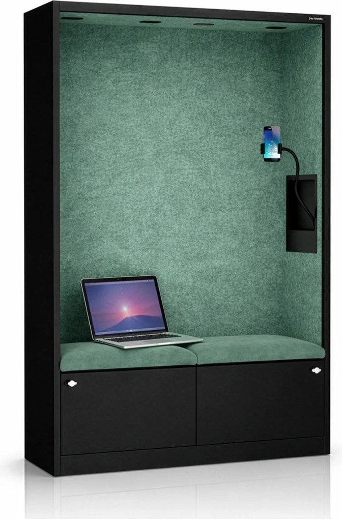 Kancelárska akustická kabína so sedadlom a portom USB-C, telo v čierny farbe / sedadlo v zelenej farbe, 1150 mm: SALLY MentalBox