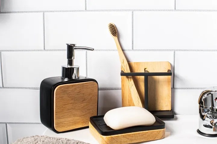 ALTOM Držiak na zubné kefky a pastu, minimalistický stojan drevo+kov