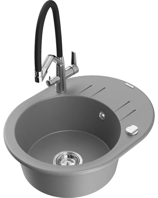 Mexen Kevin, granitový drez 586x458x190 mm, 1-komorový a biela batéria Duo, šedá, 6517-71-671701-07