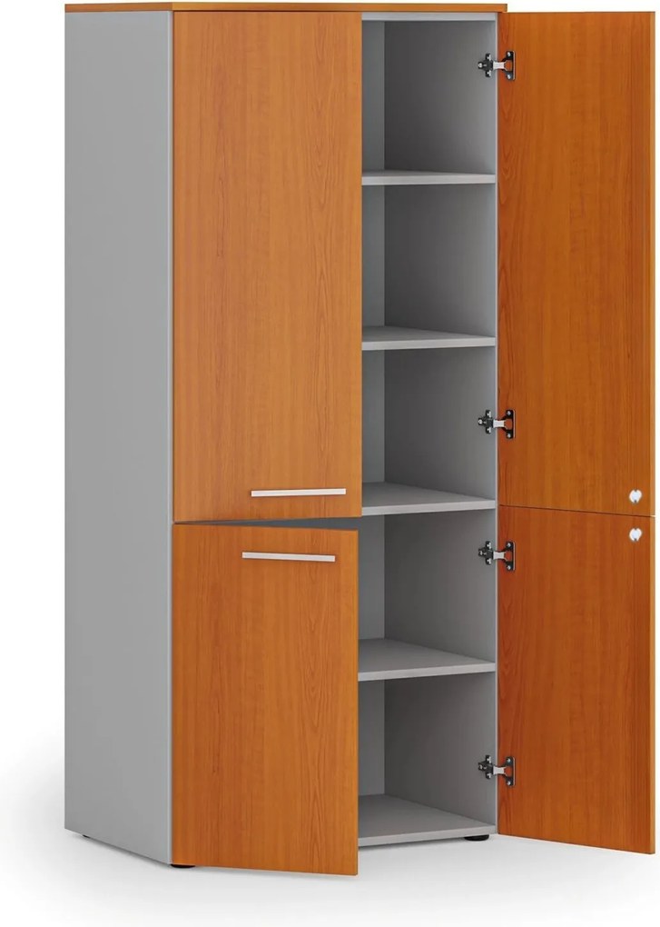 Kancelárska policová skriňa PRIMO GRAY, polené dvere, 800 x 500 x 1781 mm, sivá/čerešňa