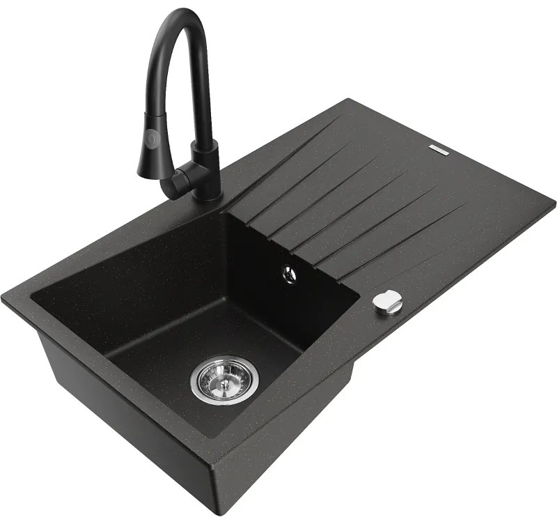 Mexen Cesar, 1-komorový granitový drez 775x470x190 mm a drezová batéria Elia, čierna-zlatá metalíza, 6514-75-670101-70