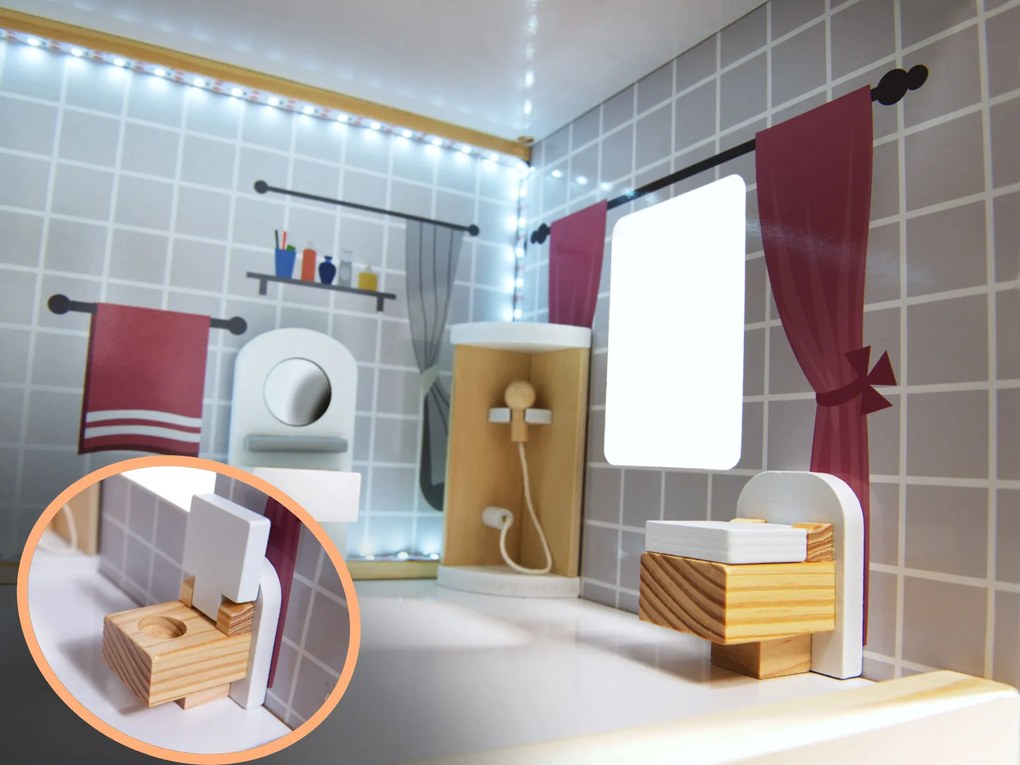 KIK Drevený domček pre bábiky s nábytkom a LED osvetlením, 78 cm, biely