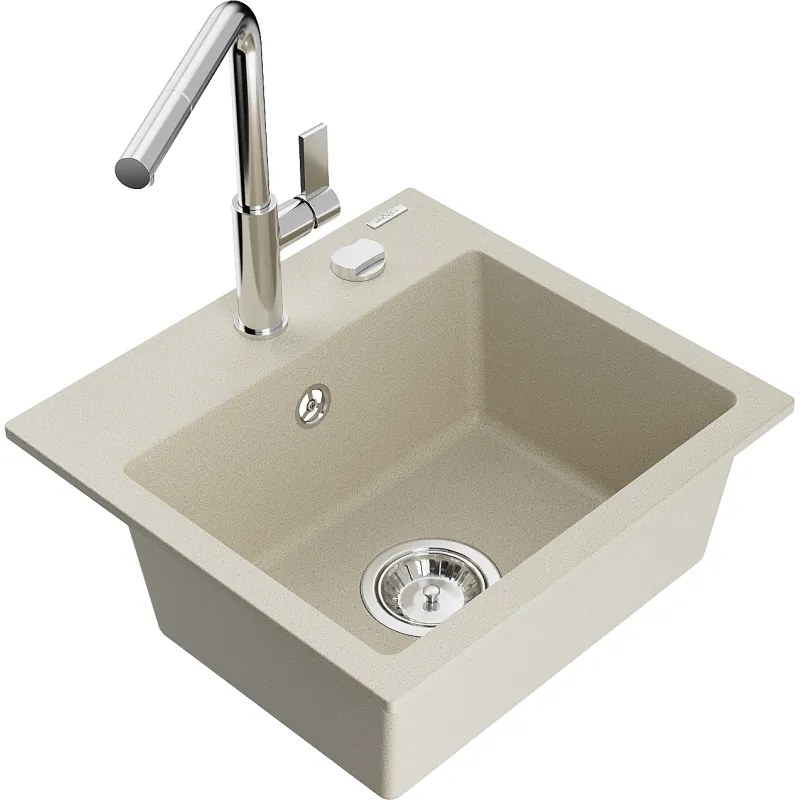 Mexen Milo, 1-komorový granitový drez 435x410x171 mm a drezová batéria Flora, béžová, 6505-69-670401-00
