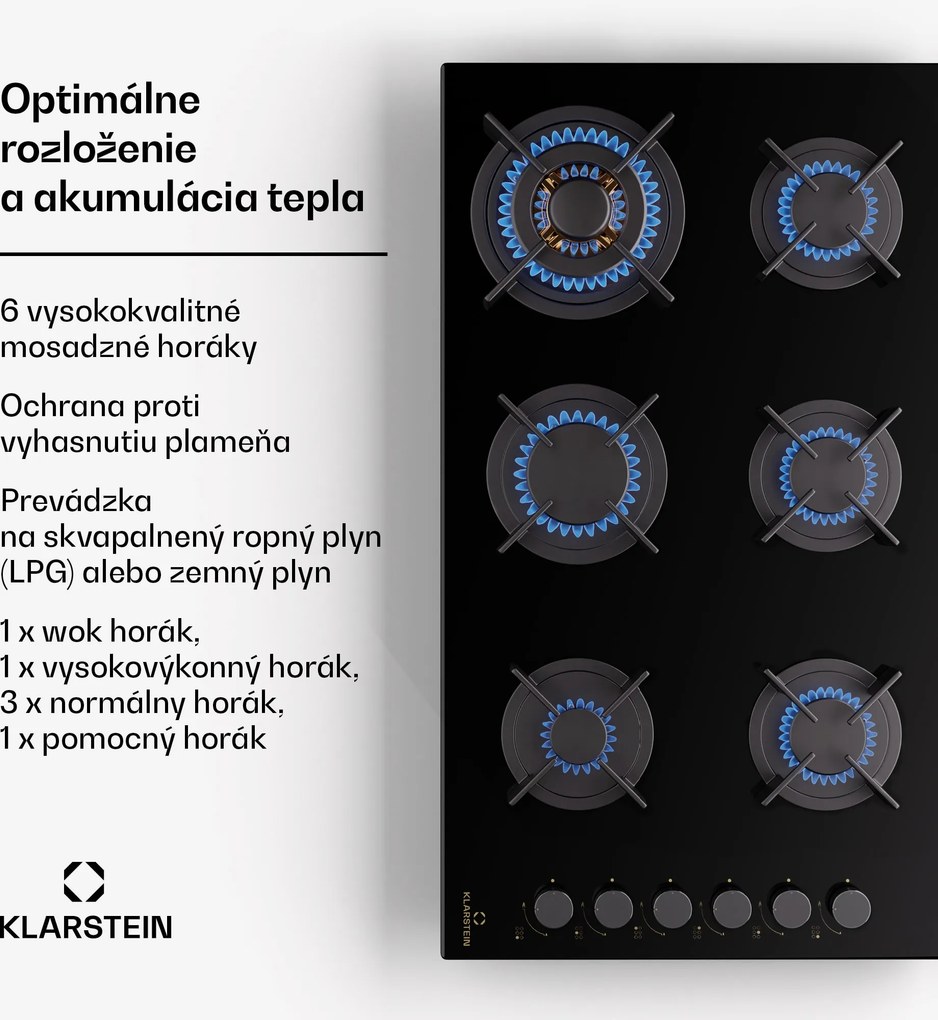 Klarstein Goldflame 6 samostatná plynová varná doska 6 horákov, bočné ovládanie, zemný/propán plyn, čierna sklokeramika