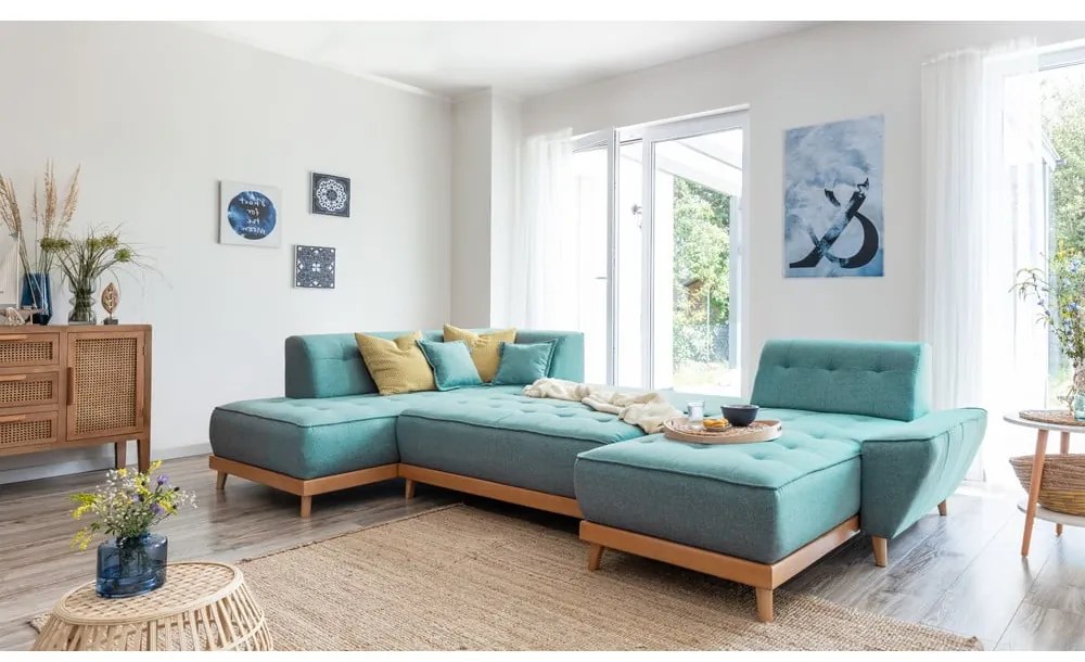 Tyrkysovomodrá rozkladacia rohová pohovka (ľavý roh/do tvaru "U") Dazzling Daisy – Miuform