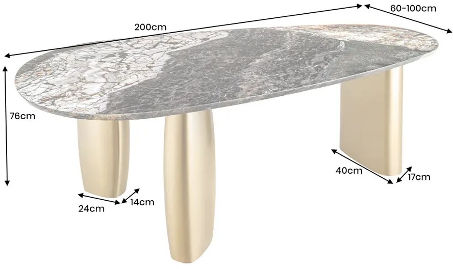 Jedálenský stôl ORGANIC 200 cm oválny, viacfarebný mramorový vrch s rámom v šampansko-zlatej farbe