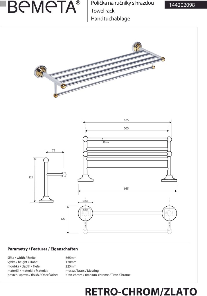 Bemeta Design RETRO gold-chrom: Držiak uterákov, 605 mm, s hrazdou - 144202098