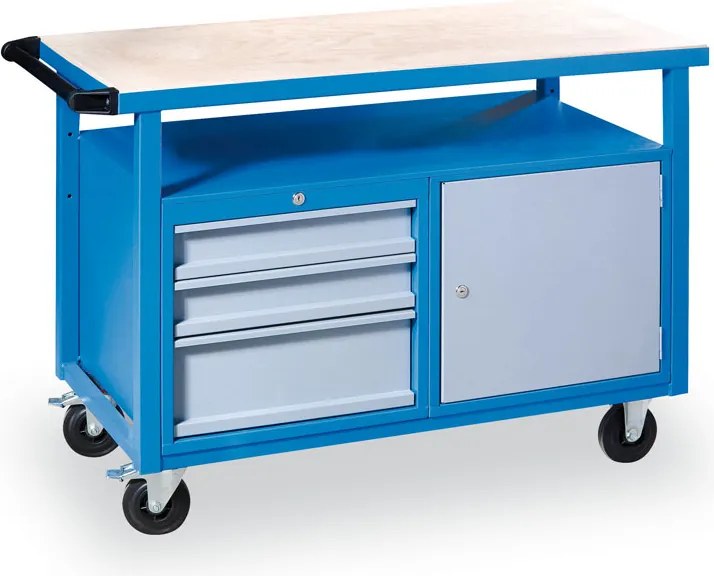 Pojazdný pracovný stôl do dielne GD, smrek + buková preglejka, 3 zásuvky, 1 skrinka, 1190 x 600 x 850 mm, sivá