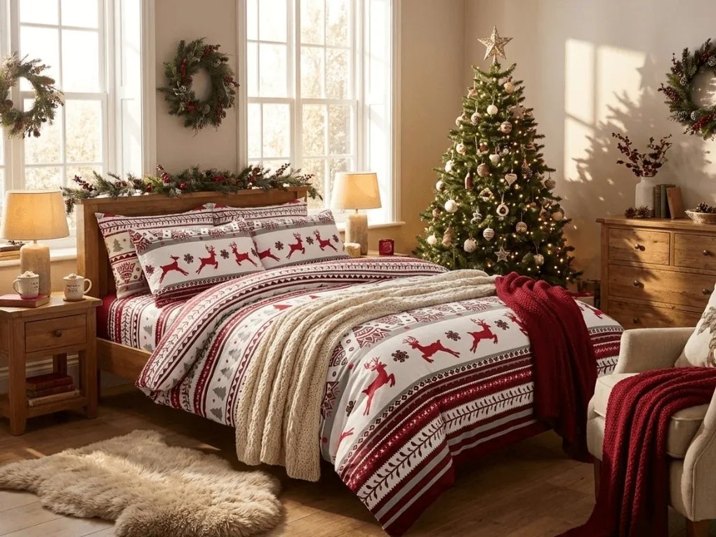 Obliečky z mikrovlákna JELEŇ A VLOČKA červené