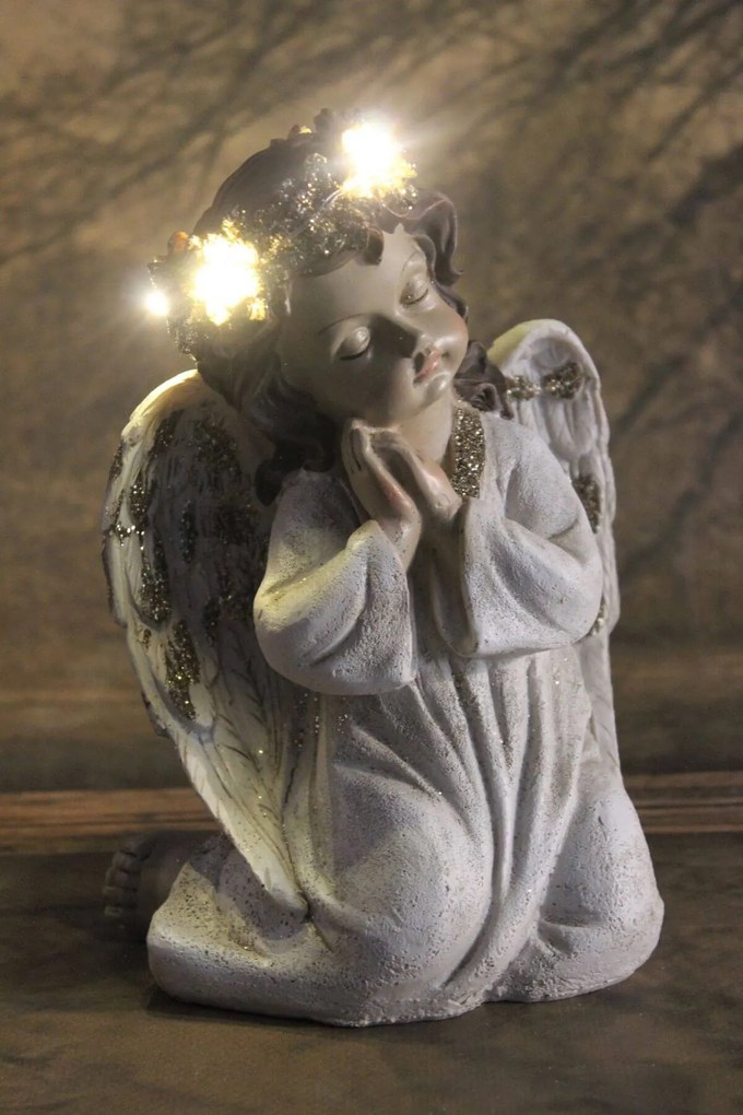 Krémovo zlatý anjel zasnený LED 20cm