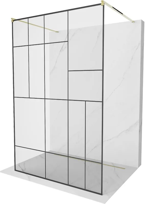 Mexen Kioto, priechodná sprchová zástena 140 x 200 cm, 8mm sklo číre/čierny vzor, 2x zlatá stabilizačná rozpera, 800-140-002-50-78