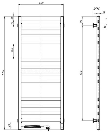 Kúpeľňový rebríkový radiátor s termostatom AVANGARD 459W/230V 120,6cm IP44 čierny ľavý