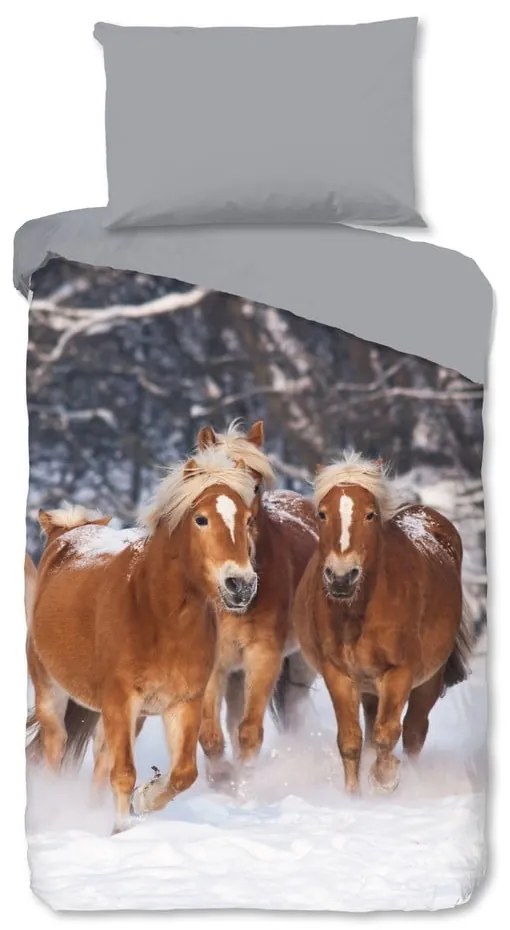 Sivé flanelové detské obliečky na jednolôžko 140x200 cm Happy Horses – Good Morning