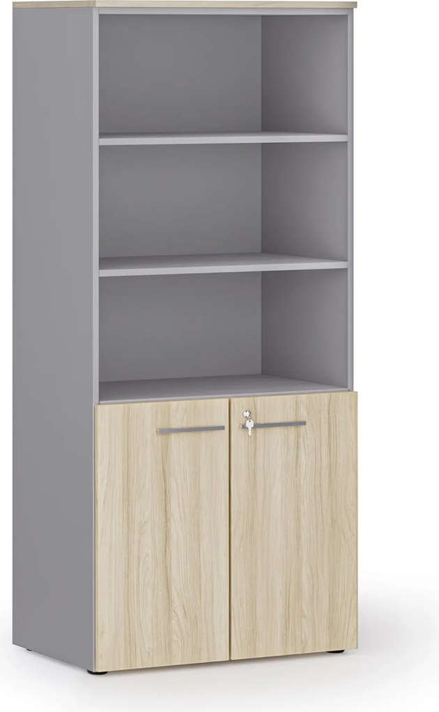 Kombinovaná kancelárska skriňa PRIMO GRAY, nízke dvere, 800 x 500 x 1781 mm, sivá/dub prírodný