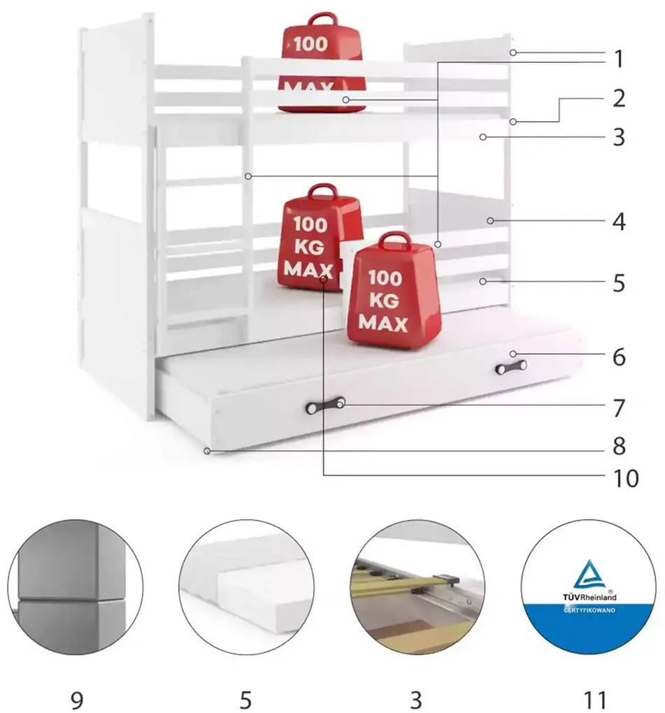 3-lôžková poschodová posteľ RICO so zásuvkou, biela/grafitová