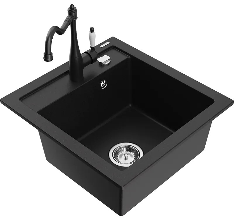Mexen Vito, granitový drez 490x520x210 mm, 1-komorový a drezová batéria Carla, čierna, 6503-77-670700-70