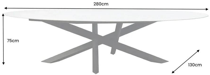 Jedálenský stôl SCULPTURE 280 cm oválny rám čierny s keramickou doskou, biely mramorový vzhľad