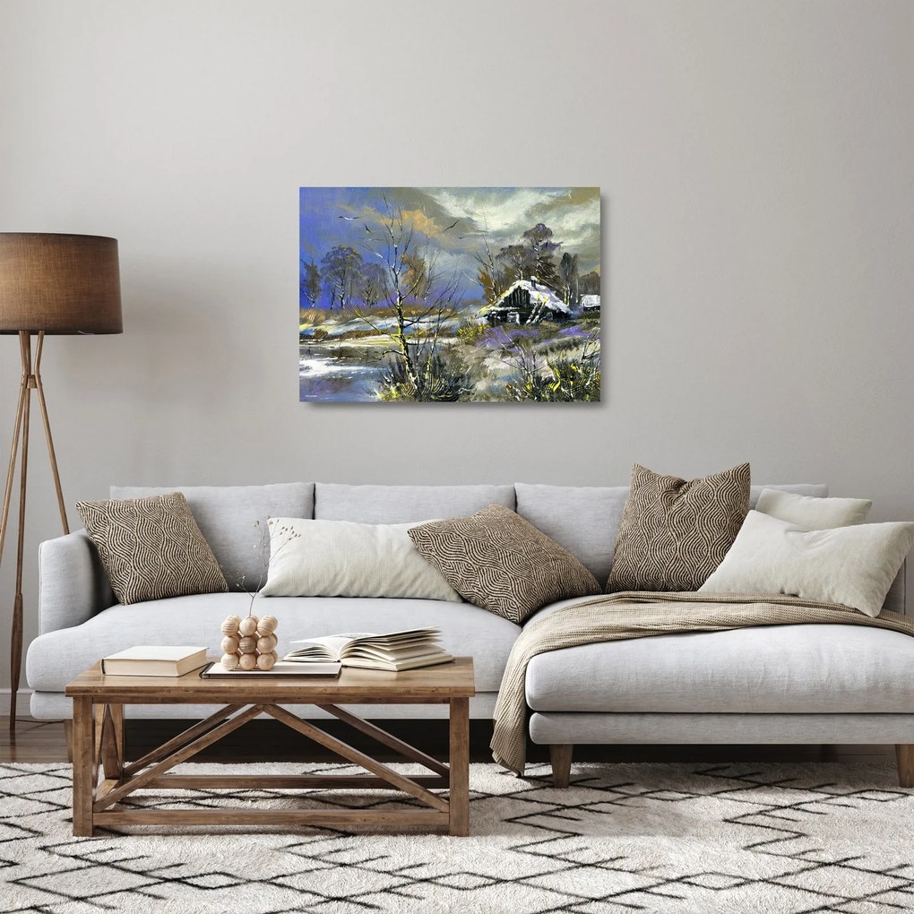 Sklenený obraz chalúpky v zimnej krajine, olejomaľba (70x50 cm)