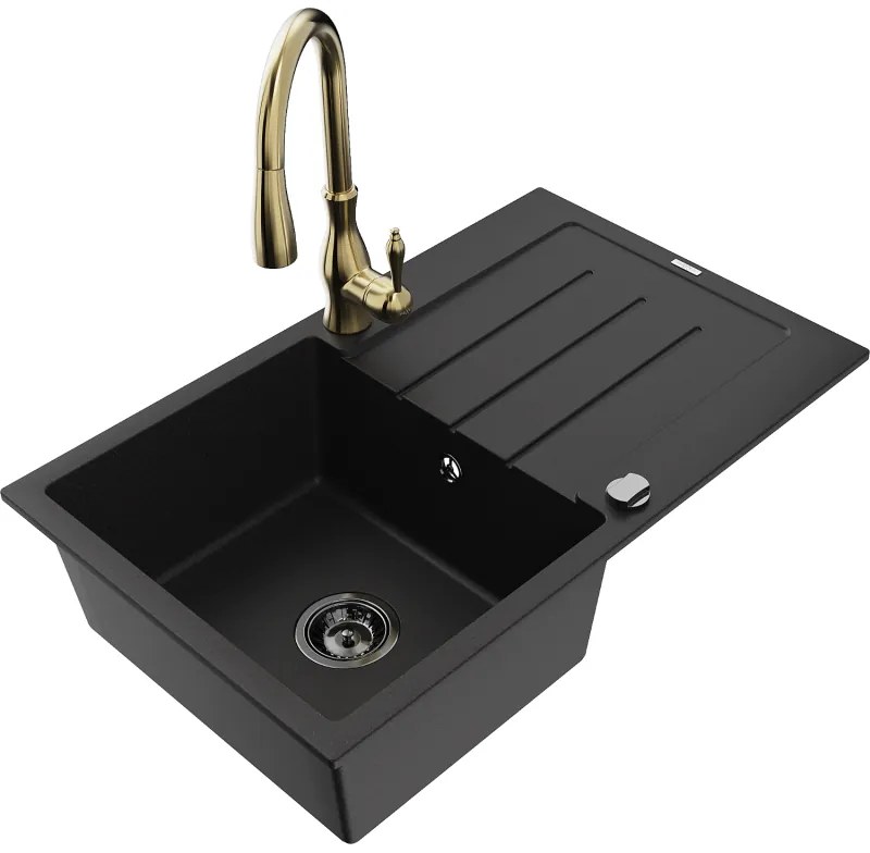 Mexen Bruno, 1-komorový granitový drez 795x495x200 mm a drezová batéria Savita, čierna, 6513-77-672601-50-B