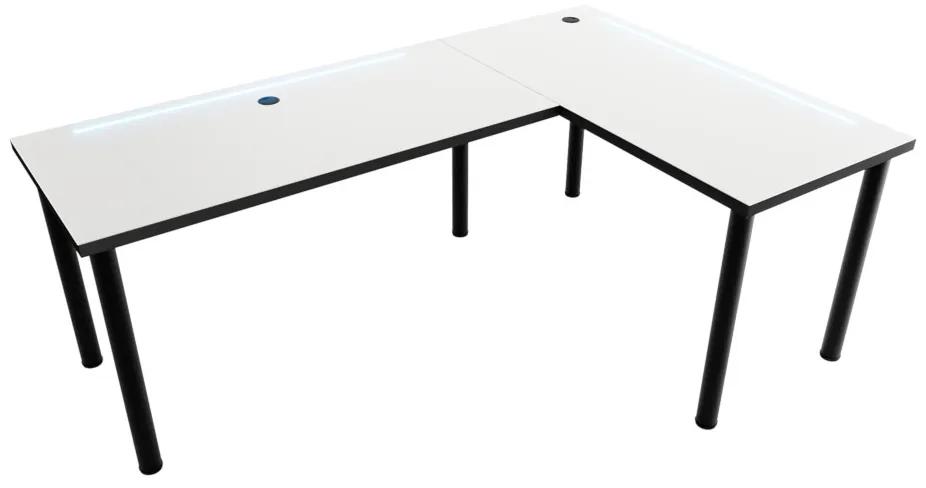Počítačový rohový stôl LOOK N s LED, 200/135x73-76x65, biela/čierne nohy, pravý
