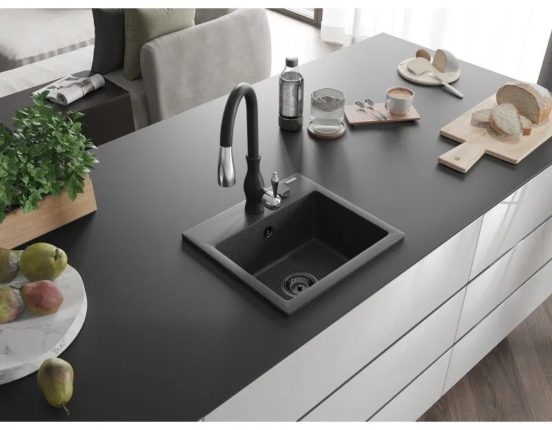 Mexen Milo, 1-komorový granitový drez 435x410x171 mm a drezová batéria Savita, čierna škvrtnitá, 6505-76-672601-70-B