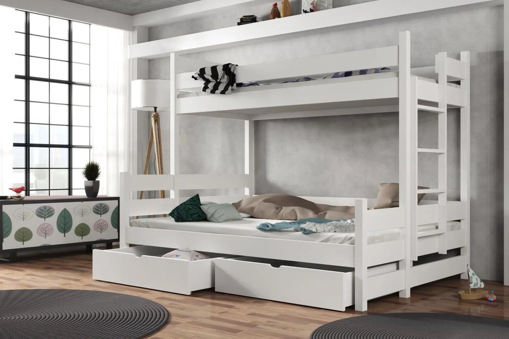 Detská poschodová posteľ z masívu borovice s rozšíreným spodným lôžkom BERTA so šuplíkmi - 200x90/140 cm - BIELA