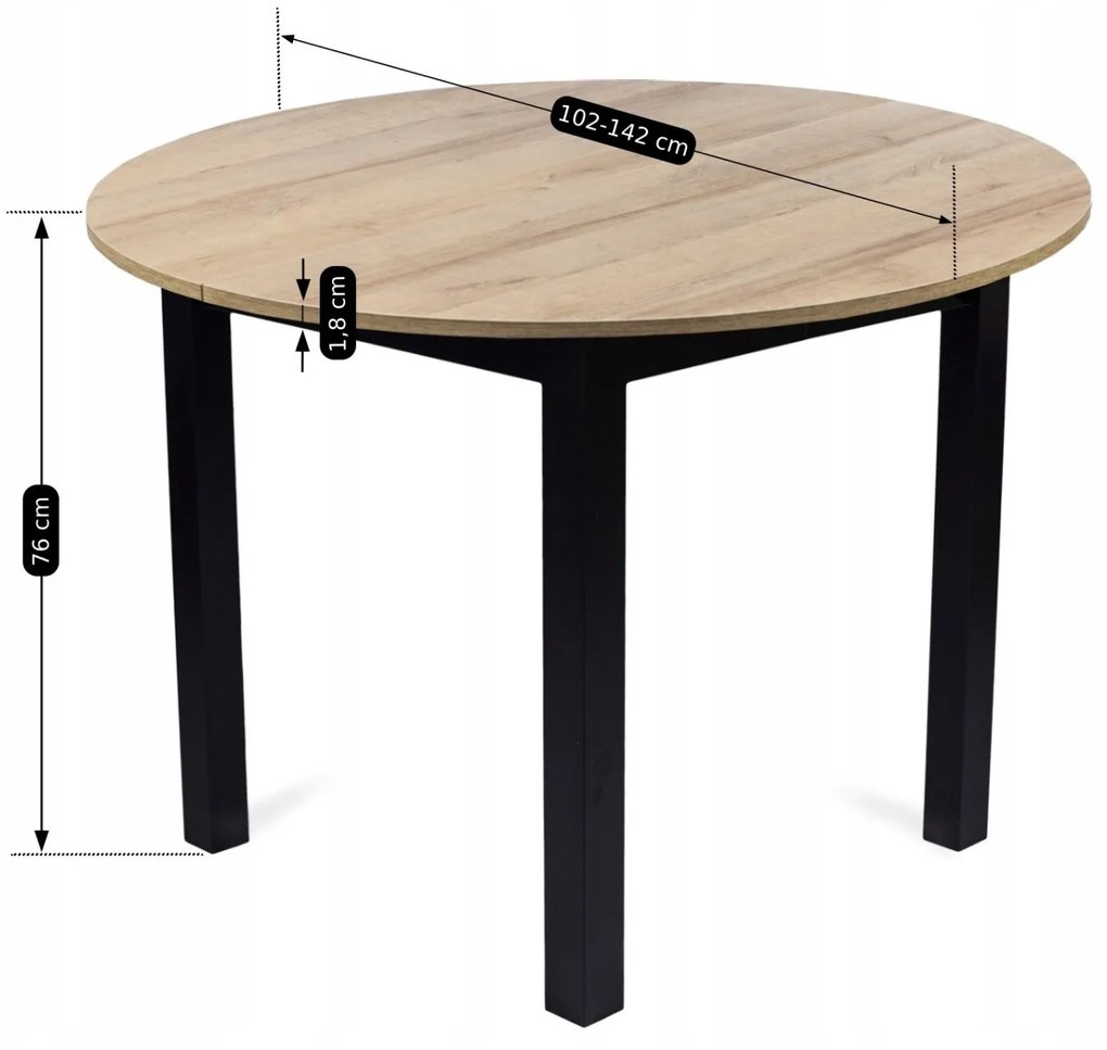 JAKS Okrúhly rozkladací stôl Harry 102 až 142 cm dub Riviera čierne nohy