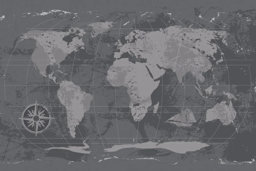Samolepiaca tapeta rustikálna mapa sveta v čiernobielom - 150x100