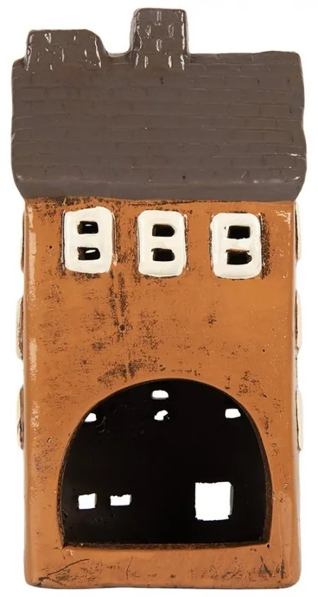 Hnedo-oranžový keramický svietnik na čajovú sviečku domček Village - 12*10*23 cm