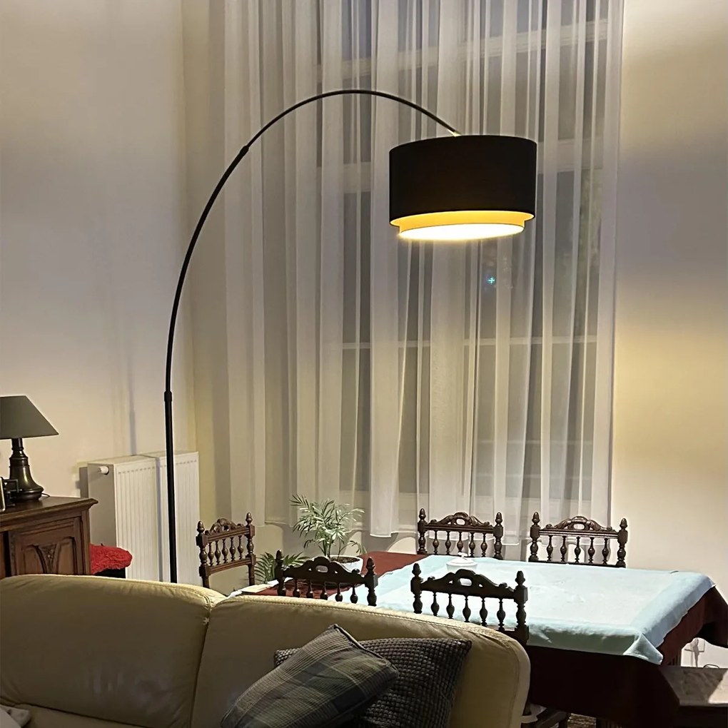 Moderná oblúková stojaca lampa čierna s dvojitým tienidlom čierna so zlatou - XXL