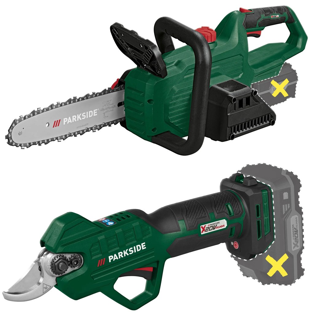 Parkside®  Aku reťazová píla Paks 20-Li E5 – bez akumulátora + Aku nožnice na konáre Paas 20-Li B1 – bez akumulátora  (800010701)
