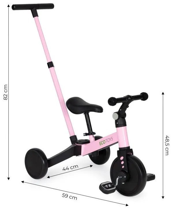 Trojkolka s vodiacou tyčou v ružovej farbe Ecotoys