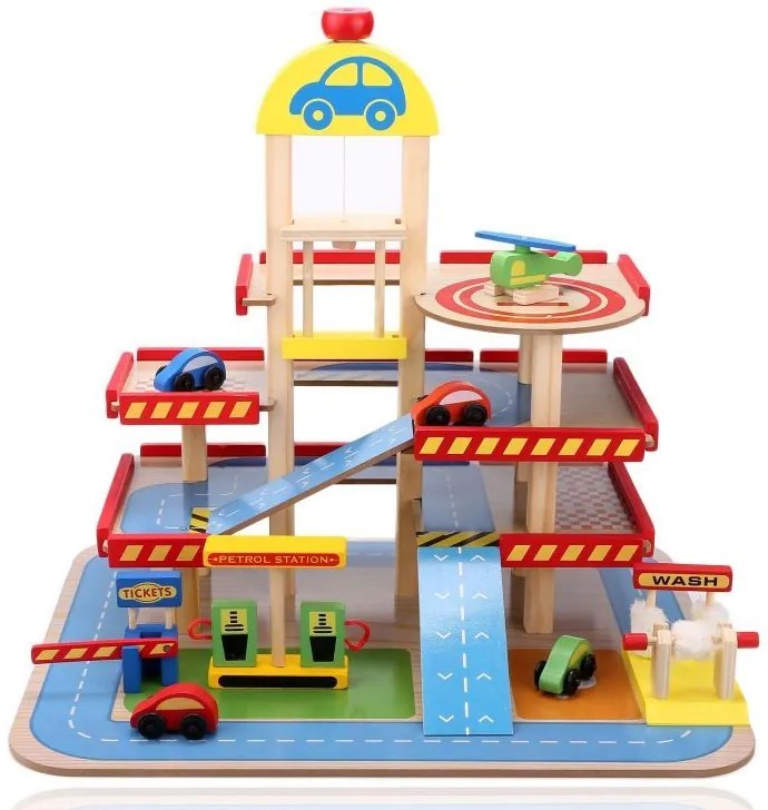 Drevená garáž, veľké parkovisko s výťahom + autíčka, Ecotoys