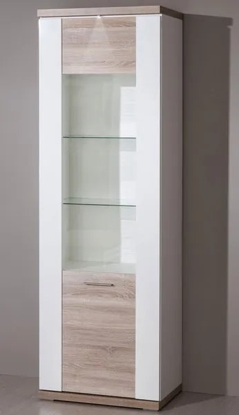 Vysoká vitrína Caracas typ 02, dub / biely lesk, s osvetlením