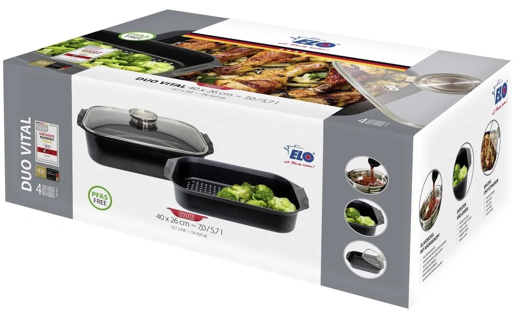 Elo 89940 Pekáč so sklenenou pokrievkou a aróma úchytom Duo Vital 40 x 26 cm